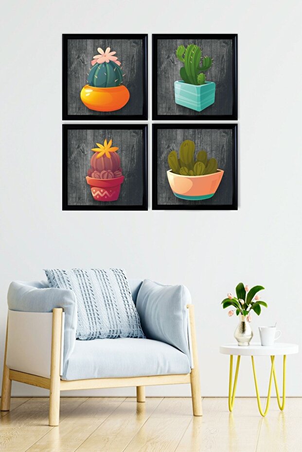 Çerçeve Görünümlü 4 Lü Renkli Kaktüs Tablo Seti - 6
