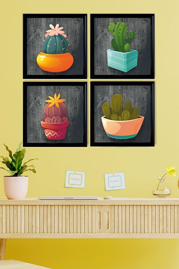 Çerçeve Görünümlü 4 Lü Renkli Kaktüs Tablo Seti - 7