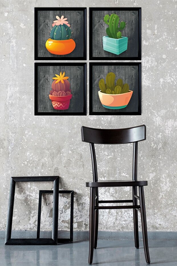 Çerçeve Görünümlü 4 Lü Renkli Kaktüs Tablo Seti - 2
