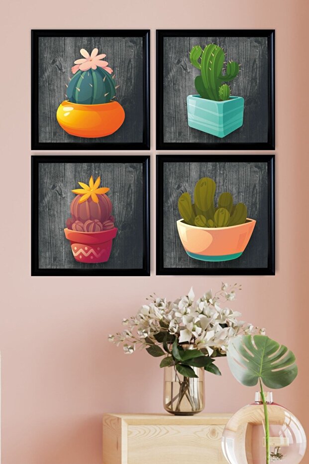 Çerçeve Görünümlü 4 Lü Renkli Kaktüs Tablo Seti - 1