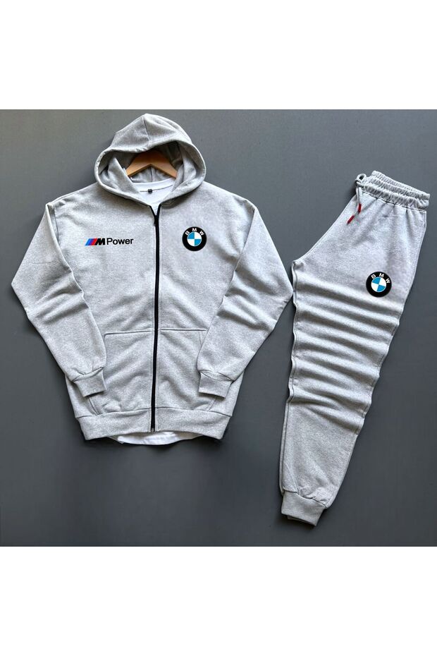 Unisex Gray Bmw Printed Zippered Cardigan Sweatpants Set