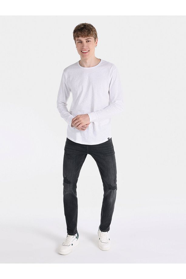 Regular Fit Bisiklet Yaka Basic Beyaz Erkek Uzun Kol Tişört - 3