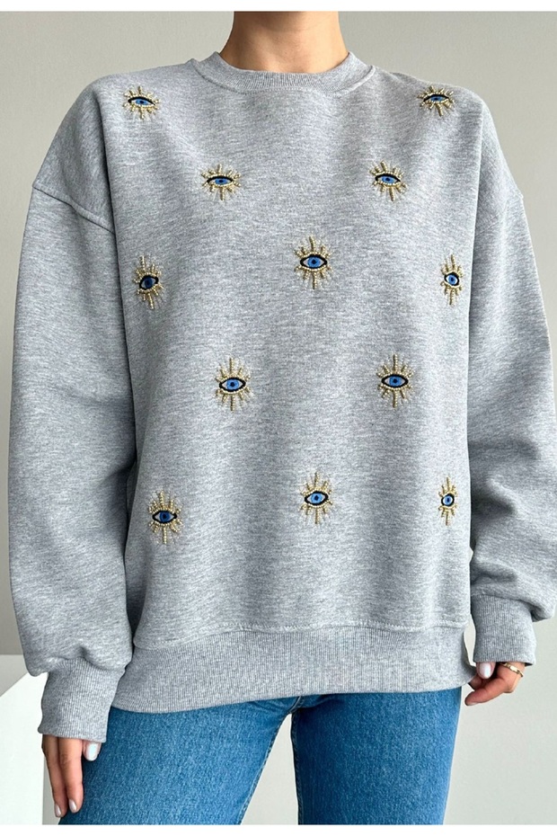 Eye Embroidered Bead Embroidered Gray Sweatshirt