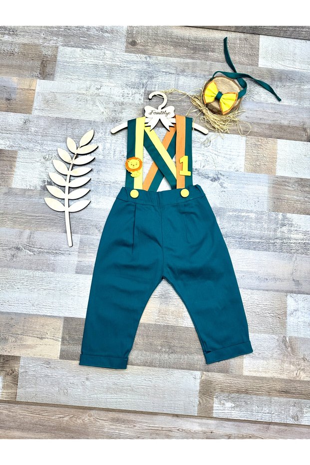 Safari Concept Dark Green Baby Boy Pants Salopet Bow Tie Birthday and Cake Popping Suit