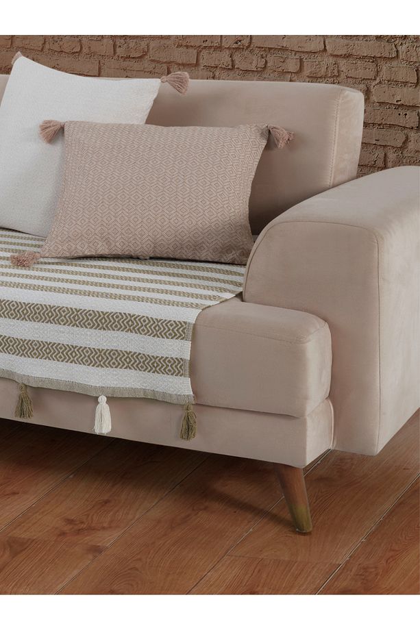 Liva Ponponlu Hardal Koltuk Örtüsü 115 x 200 cm Kanepe Divan Çekyat Berjer Örtüsü Şalı Püsküllü - 4