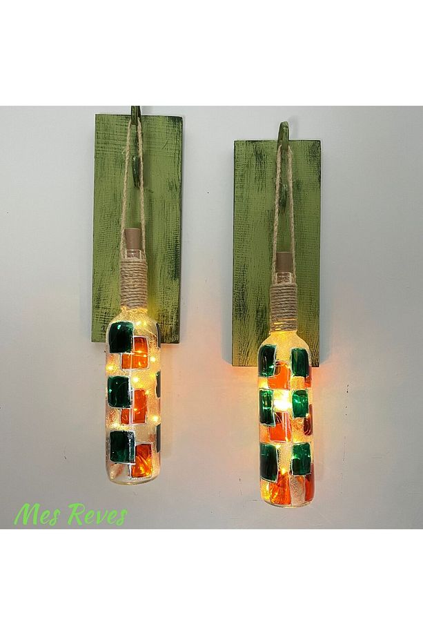 Peri Led Aydınlatma Yeşil Ahşap Dekorlu, Vitray El Boyama Turuncu Desen Şarap Şişesi Aplik 2'li Set - 3