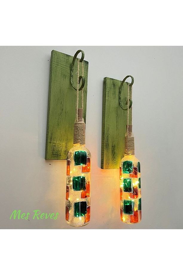 Peri Led Aydınlatma Yeşil Ahşap Dekorlu, Vitray El Boyama Turuncu Desen Şarap Şişesi Aplik 2'li Set - 1
