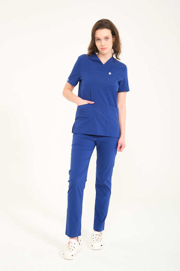 Unisex Lycra Scrubs - Cobalt Blue, Envelope Collar, Doctor Nurse Jersey Suit
