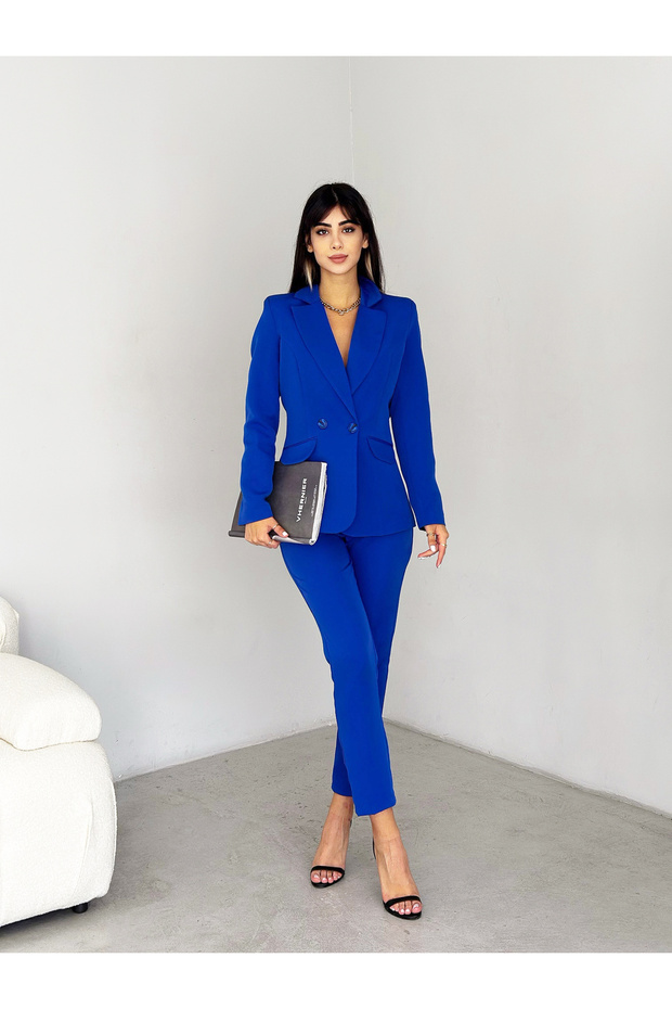 Cobalt Blue Double Breasted Blazer Jacket Carrot Pants Suit