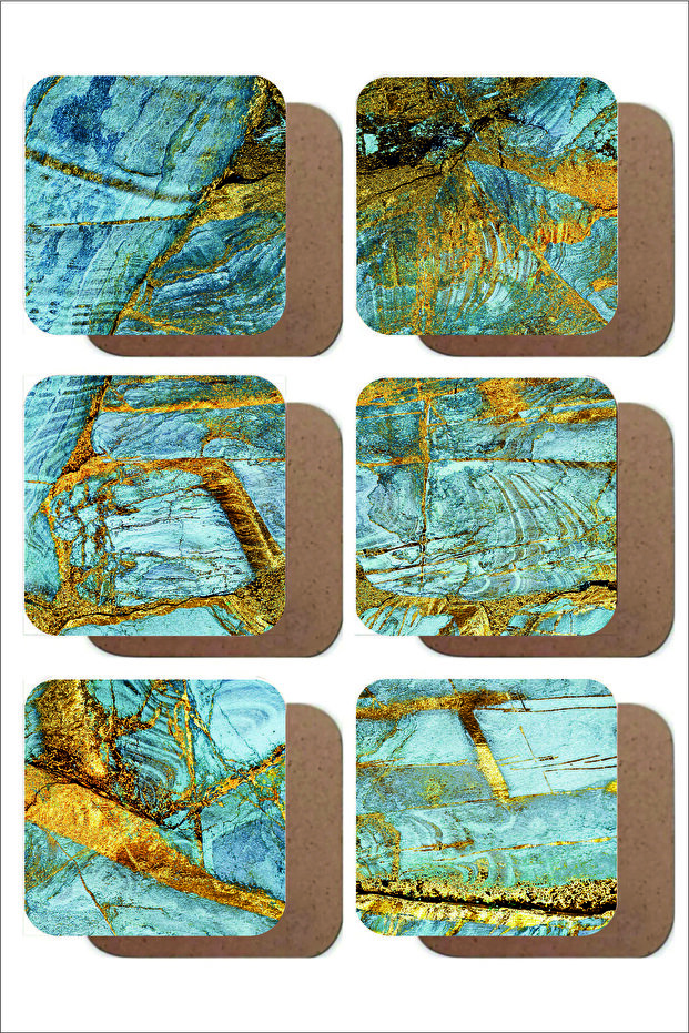 Blue / Gold Marble Themed Set of 6 Wooden Coasters