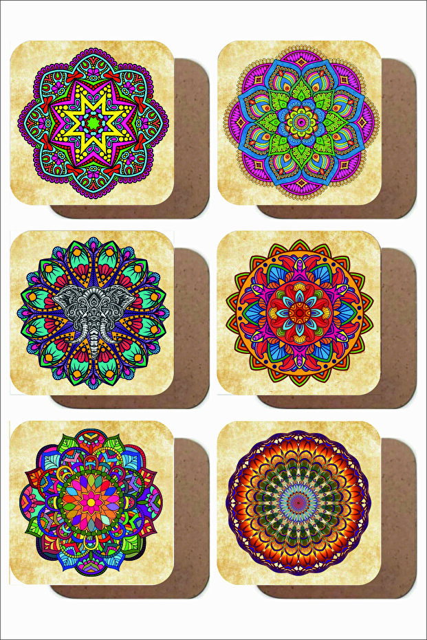 Mandala Themed Vintage Set of 6 Wooden Coasters