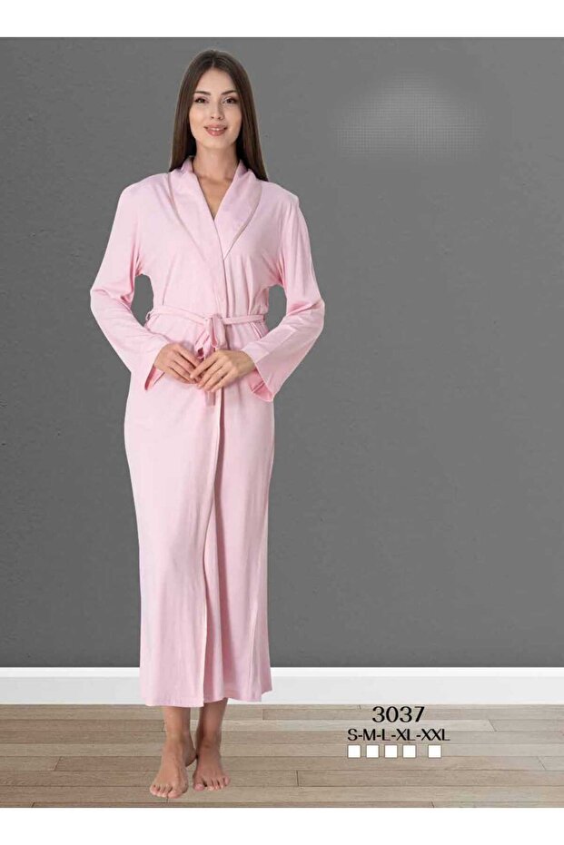 Women's Pink Design Cotton Long Belted Dressing Gown