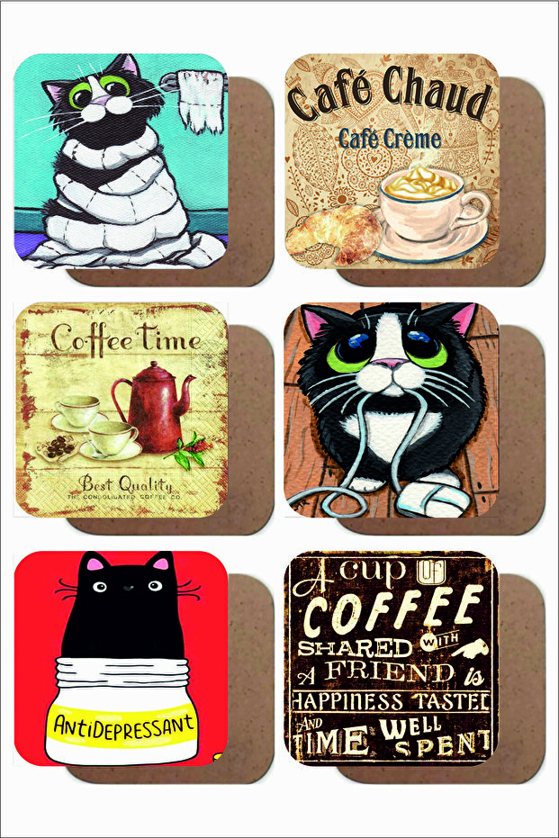 Cat / Coffee Themed Set of 6 Wooden Coasters