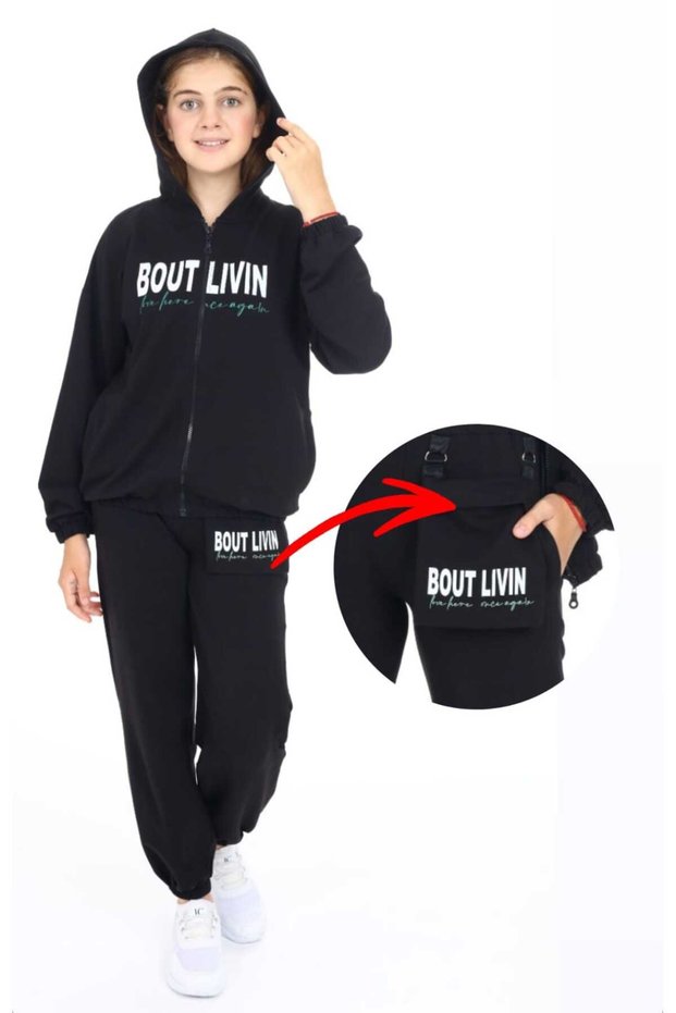 Black Color Zippered Hooded Large Pocket Detailed Stylish Girl's Seasonal Tracksuit Set