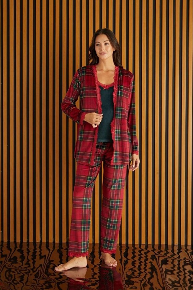 PYJAMONY PATTERNED FRENCH VELVET 3-PIECE PAJAMAS SET-RED