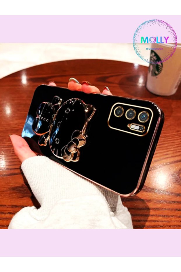 Luxury Silicone Case for Xiaomi Redmi Note 10 5g with Black Hello Kitty Stand and Gold Detail on the Edges
