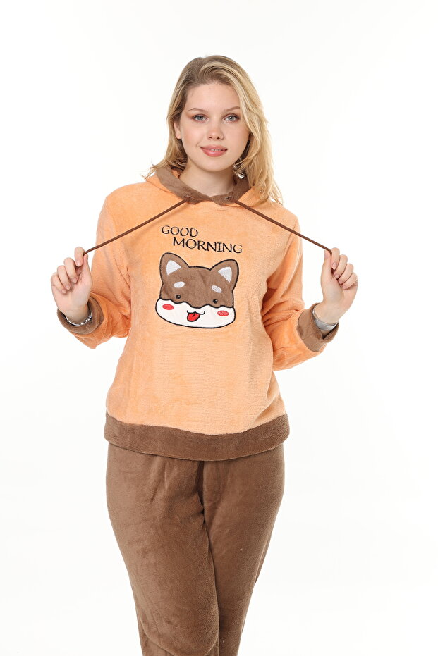 Kadın somon soft yumoş yüksek kalite kumaş nakış detaylı pijama takımı - 6