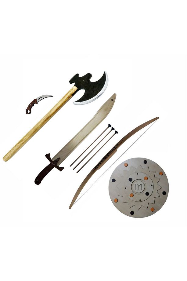 Ahşap Oyuncak Seti, Kalkan + Balta + Kılıç + Karambit + Ok Yay Takımı 5'li - 1
