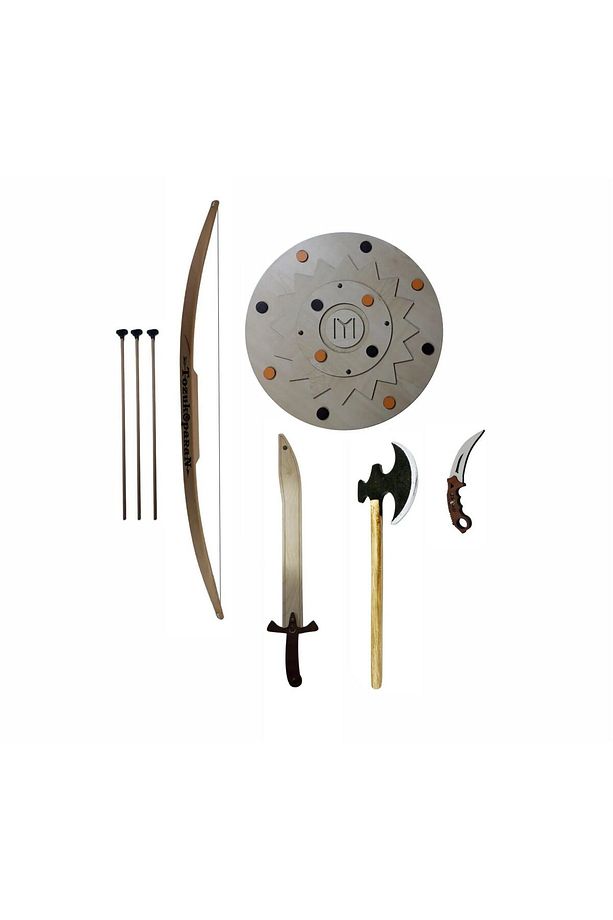 Ahşap Oyuncak Seti, Kalkan + Balta + Kılıç + Karambit + Ok Yay Takımı 5'li - 2