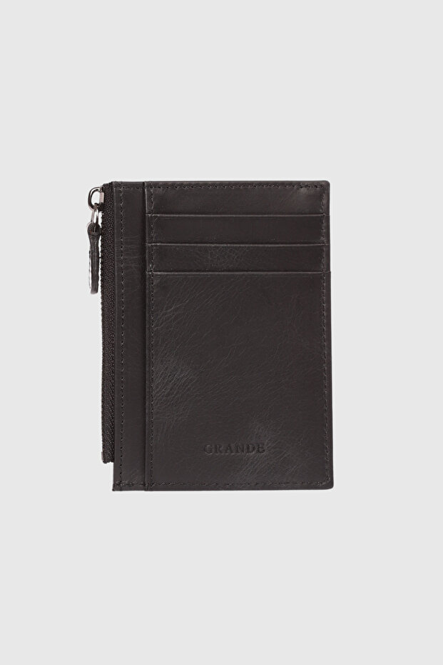 853 Genuine Leather Coin Compartment Zippered Vertical Card Holder Crazy Black