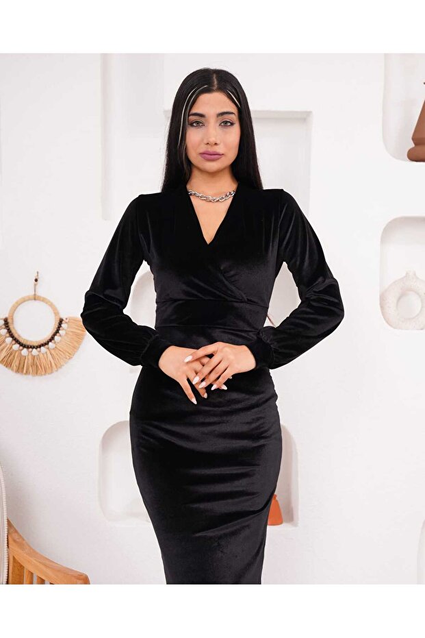 Kadife Manşetli Elbise - 2