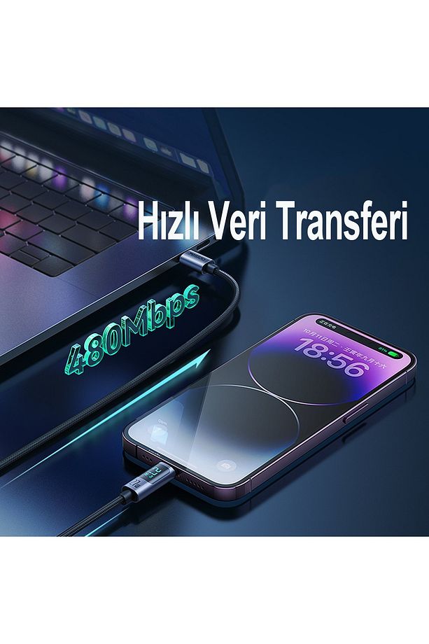 Samsung Galaxy S23 Ultra 100W Type-C To Type-C Dijital Ekran Hızlı Data/şarj Kablosu PD Turbo Şarj - 3