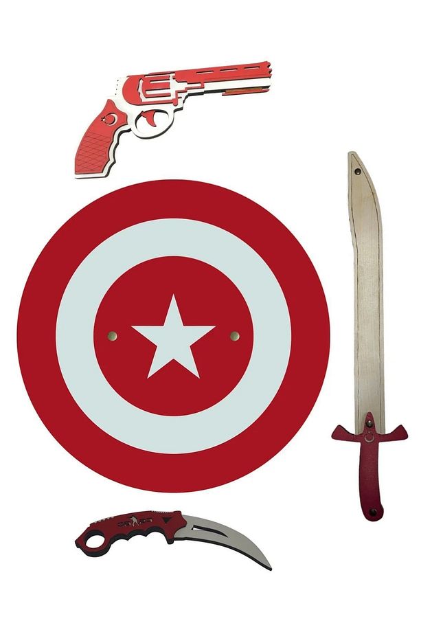 Kaptan Türkiye 4 Lü Set, Ahşap Kalkan, Kılıç, Karambit, Tabanca - 1