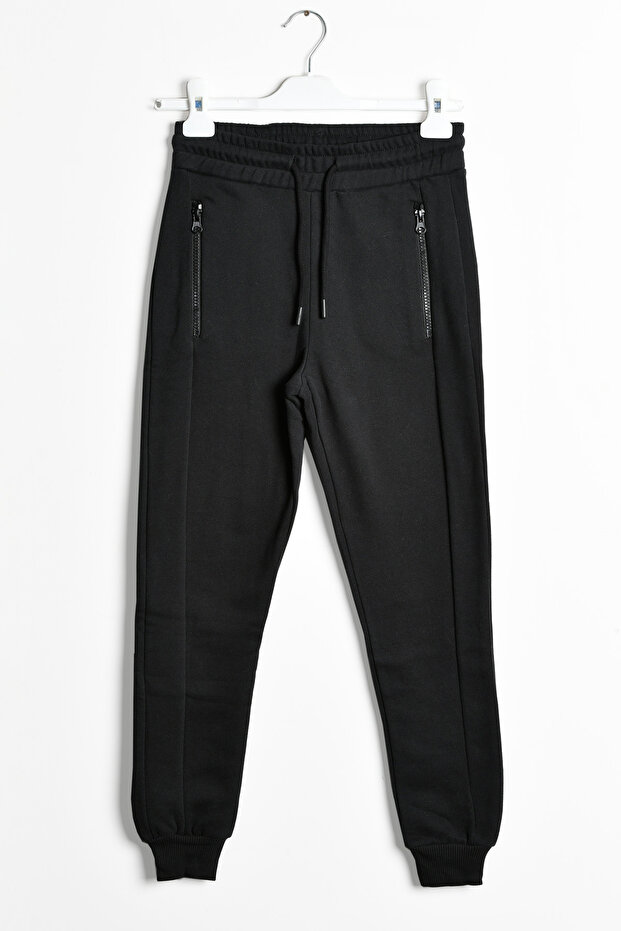 Zippered Boy's Sweatpants with Pockets Black