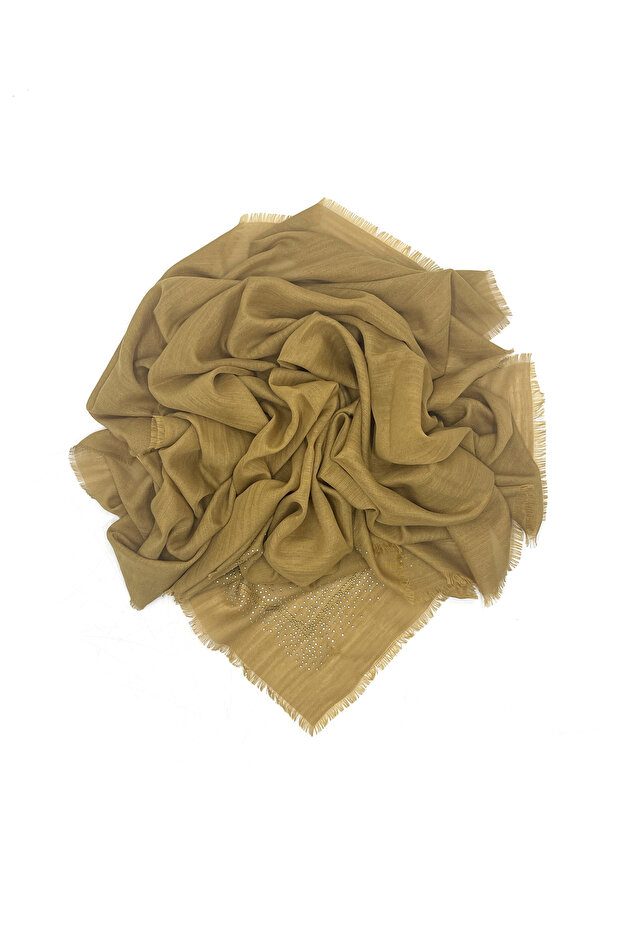 Stone Embroidered Beige Flame Writing Rose Pattern Scarf 100x100cm