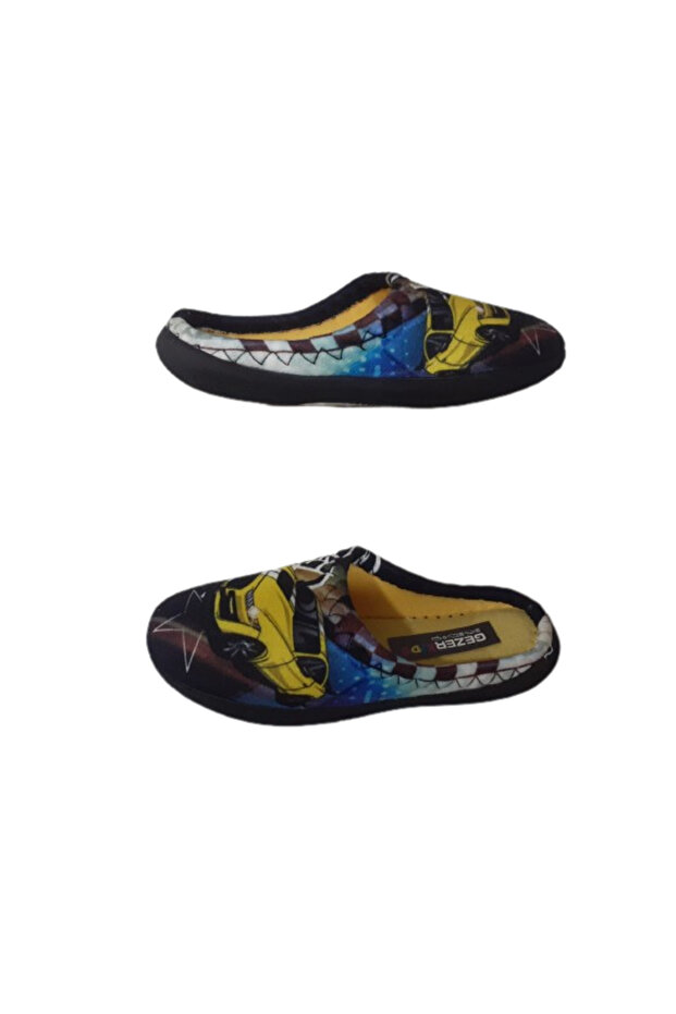 Boy's Black-Blue Yellow Car Figured Indoor Slippers