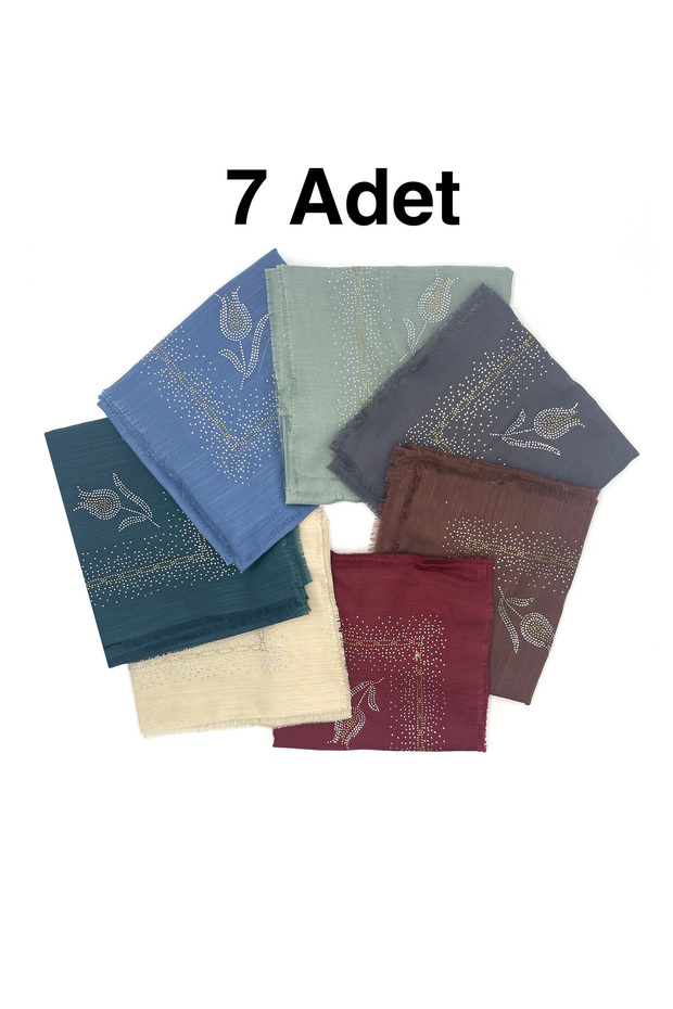 Taş İşlemeli Flamlı 7'li Set Yazma Gül Desenli Hediyelik Eşarp 100x100cm Dağıtmalık Toptan - 1