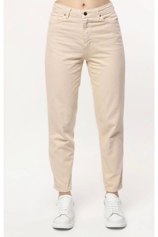 Mom Stone High Waist Women's Beige Trousers Jean