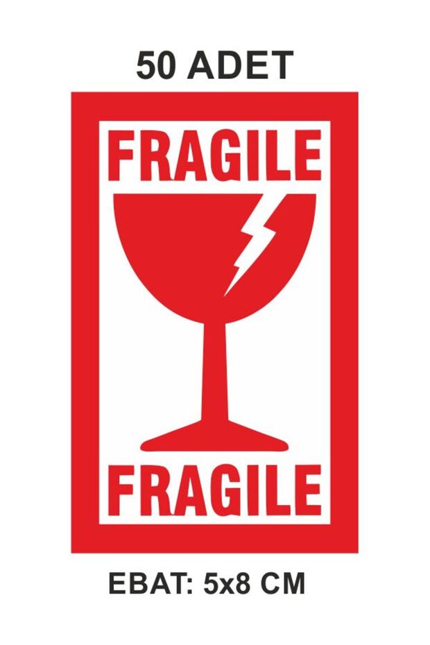 50 Adet İngilizce Dikkat Kırılır Etiketi Kargo İçin Fragile Kırıacak Etiketi 8x5 cm - 1