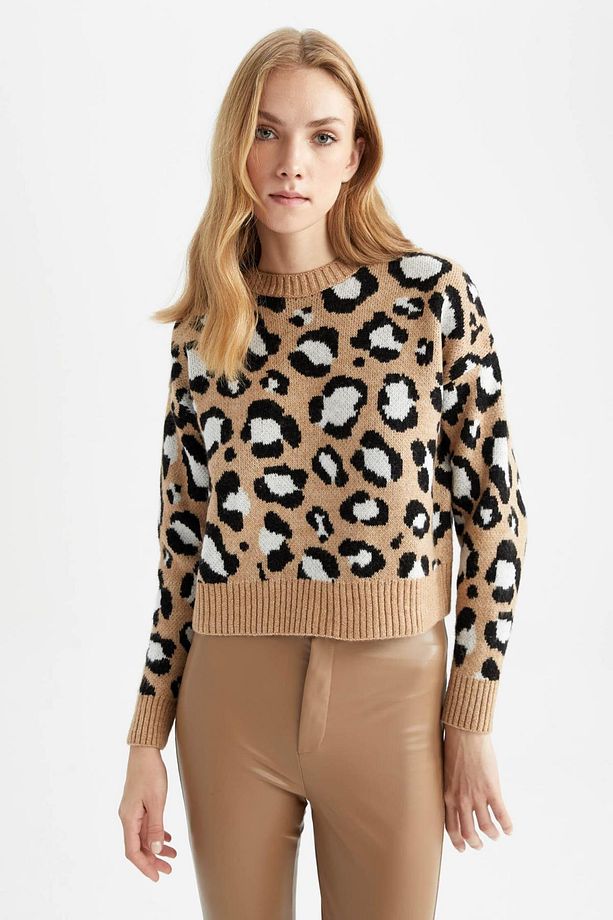 Regular Fit Leopar Desenli Bisiklet Yaka Kazak - 8