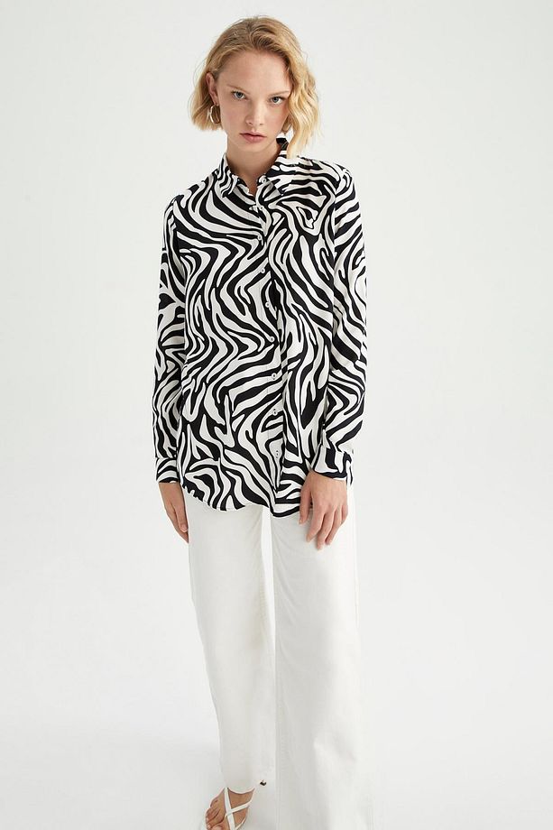 Regular Fit Gömlek Yaka Zebra Desenli Uzun Kollu Tunik - 3