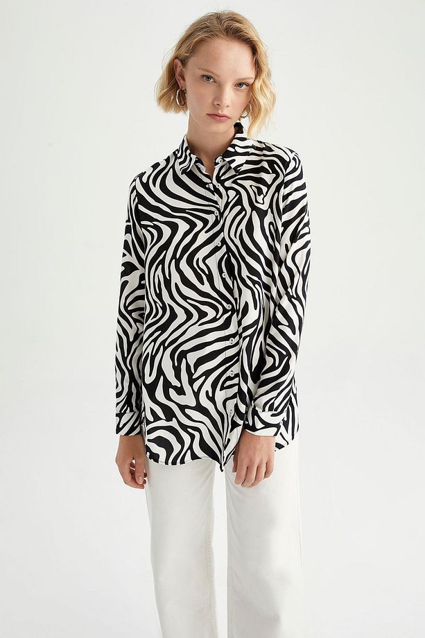 Regular Fit Gömlek Yaka Zebra Desenli Uzun Kollu Tunik - 5