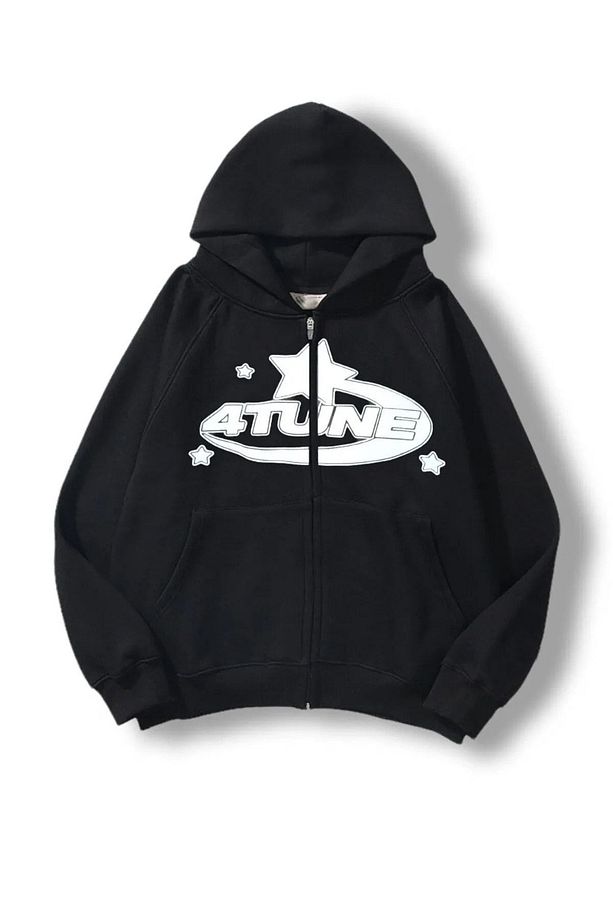 Siyah Unisex Fermuarlı 4Tune Y2K Baskılı Oversize Hırka Sweatshirt Kapüşonlu - 1