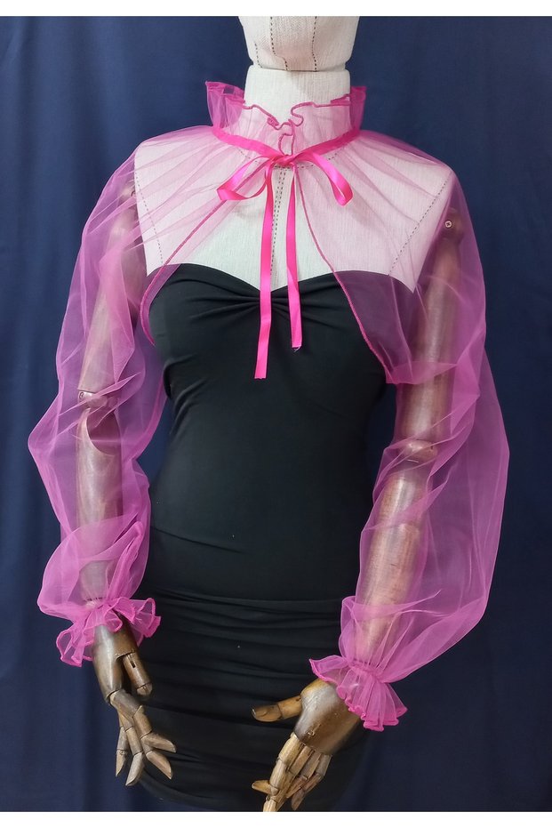 Amy Evening Dress Tulle Shawl Neck Collar Fuchsia