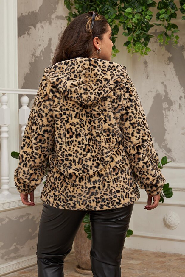 Leopard Patterned Plus Size Fur Coat - 4