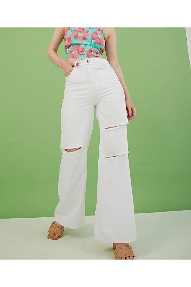 White High Waist Ripped Wide Leg Jeans White Loose Jeans String Ripped Jeans 100% Cotton