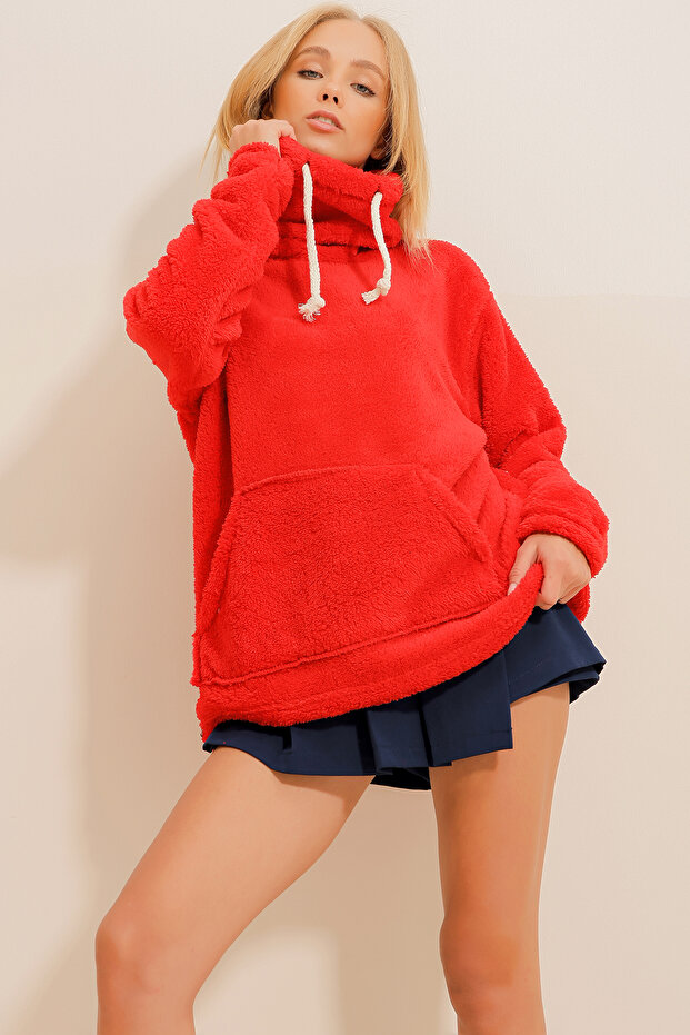 Women's Red Stand Collar Kangaroo Pocket Plush Sweatshirt ALC-X11060
