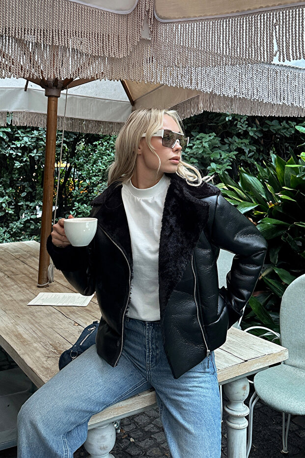 Dámský černý dvojitý límec s kožešinovou podšívkou na zip z měkké umělé kůže ALC-X11150 - 2