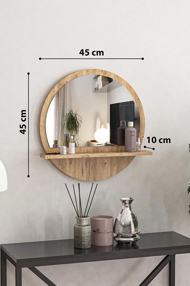 Yuvarlak Raflı Ayna 45CM Atlantik Çam Dresuar Hol Koridor Salon Banyo Wc Ofis Çocuk Yatak Odası Boy - 4