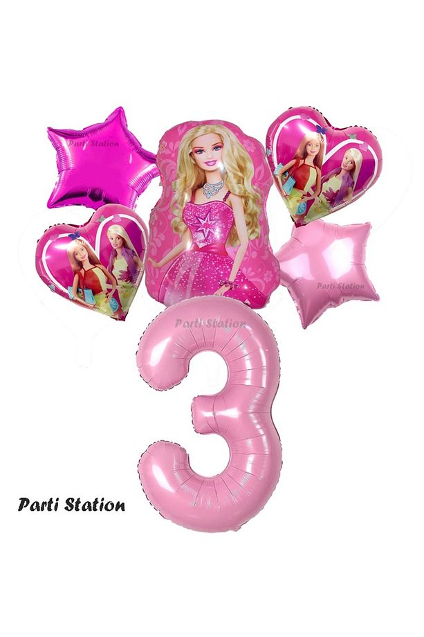 Barbie Folyo Balon Set Barbie Kalp Pembe 3 Yaş Balon Set Barbie Konsept Doğum Günü Set Yaş Balon Set - 1