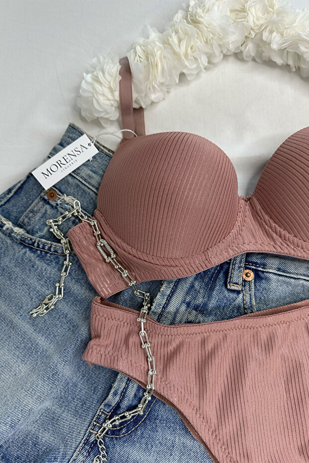 Basic Patterned Underwire Supported Bra Set Powder - 1