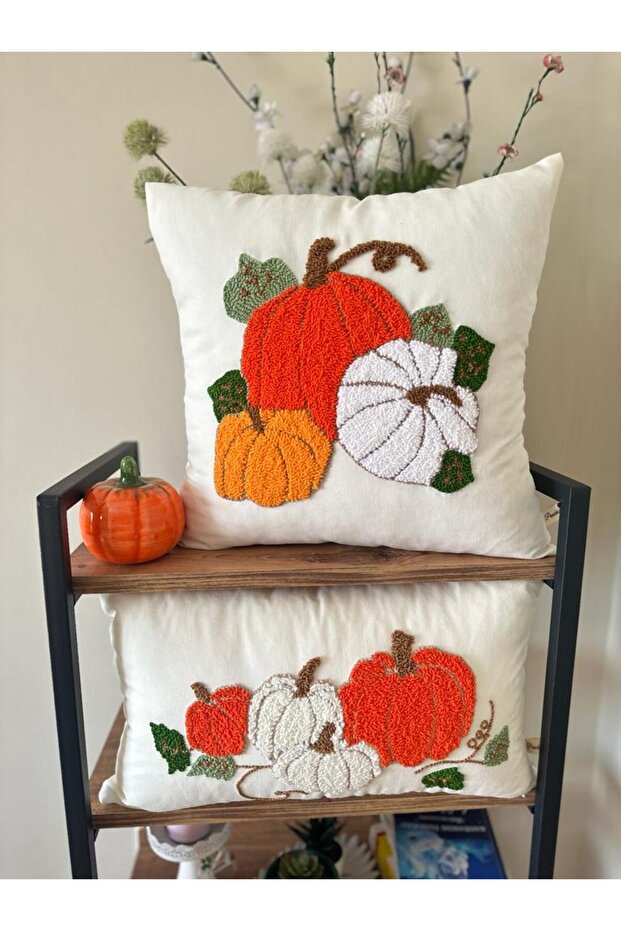 Autumn Pumpkin Punch Throw Pillow Hand Embroidered Ic Padded Throw Pillow (43X 43)30x50) Sizes