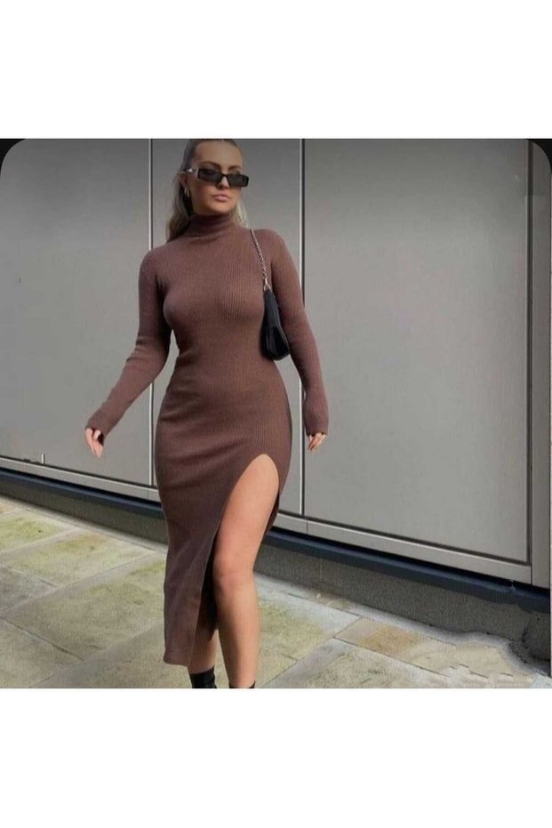 women's brown half turtleneck one leg slit long sleeve bodycon midi dress