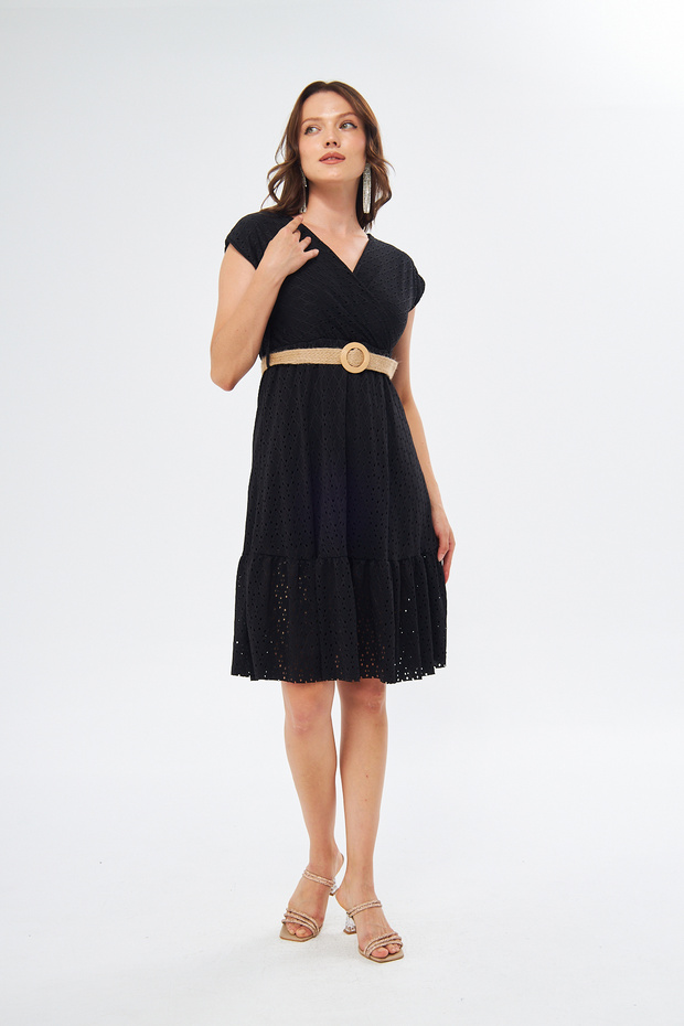 Black Stretch Fabric Double Breasted Collar Belt Sleeveless Flared Dress 085