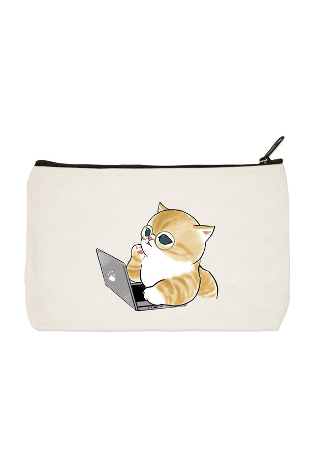 Computer Guy Cat 3 Printed Cloth Makeup Bag, Pen Holder, Handbag, Wallet