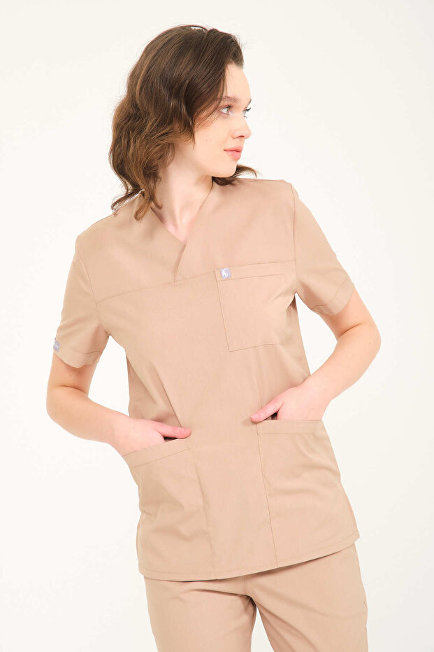 Lycra Scrubs Beige Envelope Collar Doctor Nurse Jersey Single Top